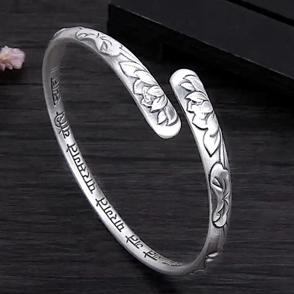Sterling Silver Lotus Mantra Bangle Bracelet - Picture 2 of 9